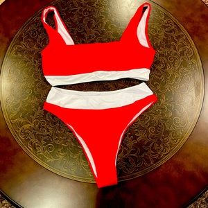 Red and white size XL color block 2 piece bikini swimsuit,
